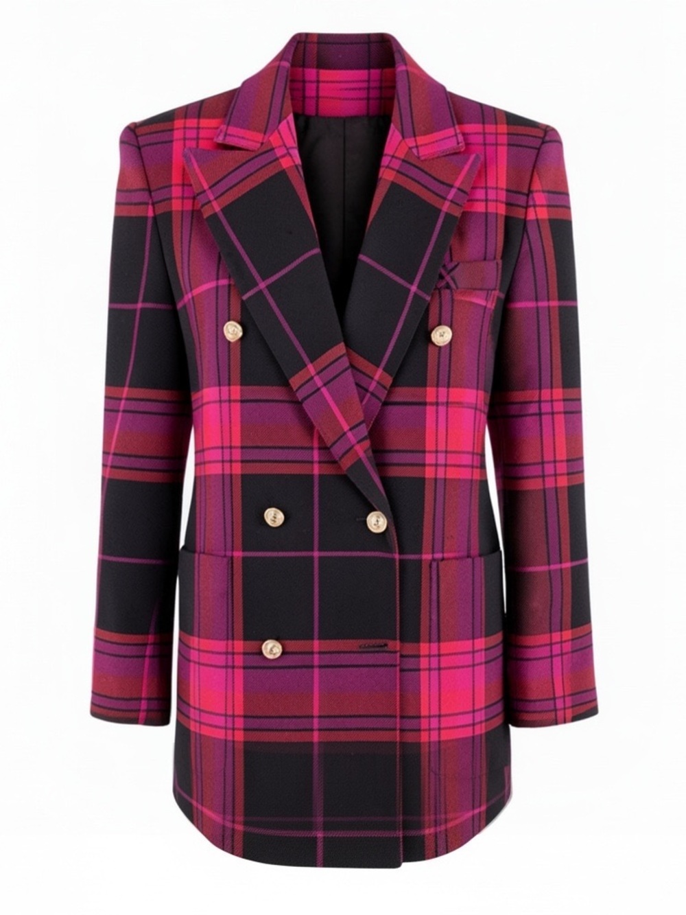 Vintage 80s Women's Double-Breasted Pink Plaid Blazer